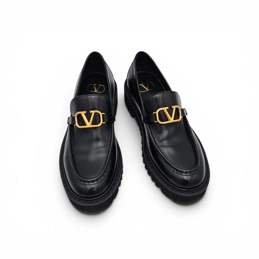 Valentino Garavani Vlogo Black Leather Chunky Loafer Slip On Gold Size 38.5 8.5